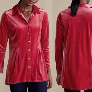 Soft Surroundings Women's XL Enchanted‎ Velvet Shirt Sangria Red Gold Buttons